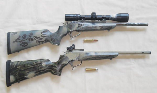 T/C .309 JDJ topped with forward-mounted Bushnell Elite 4200, 2.5-10X scope in Weaver mounts (top). Super lightweight .45-70 topped with Burris FastFire II, rear-mounted to increase already wide field of view (bottom)